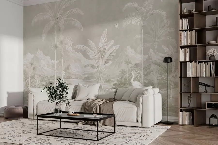 peintures murales Paysage tropical lumineux avec des palmiers, des oiseaux et des montagnes w05819v1