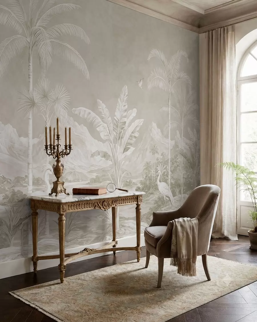 peintures murales Paysage tropical lumineux avec des palmiers, des oiseaux et des montagnes w05819v1