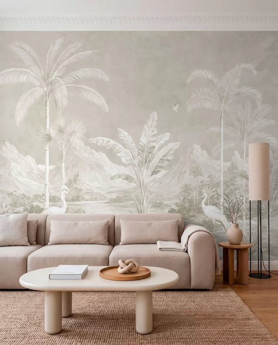 peintures murales Paysage tropical lumineux avec des palmiers, des oiseaux et des montagnes w05819v1