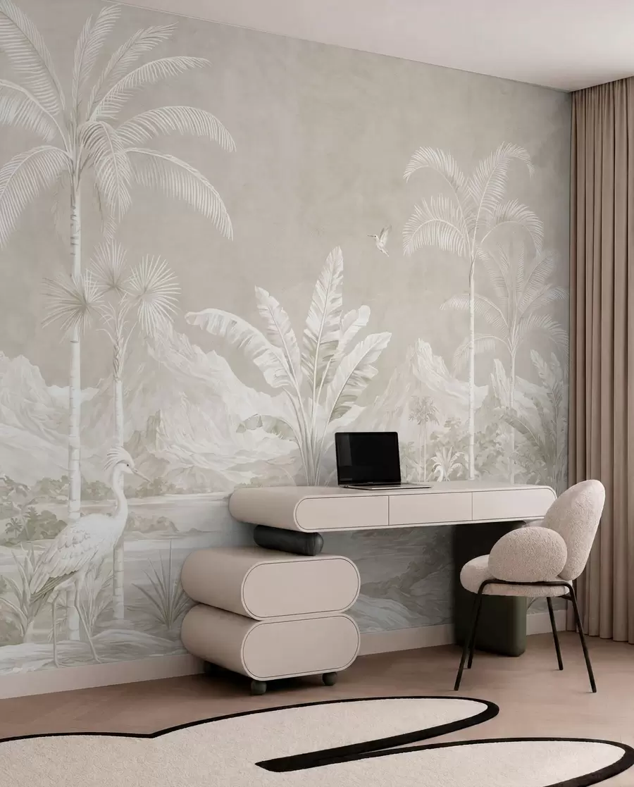 murales Paisaje tropical luminoso con palmeras, pájaros y montañas w05819v1
