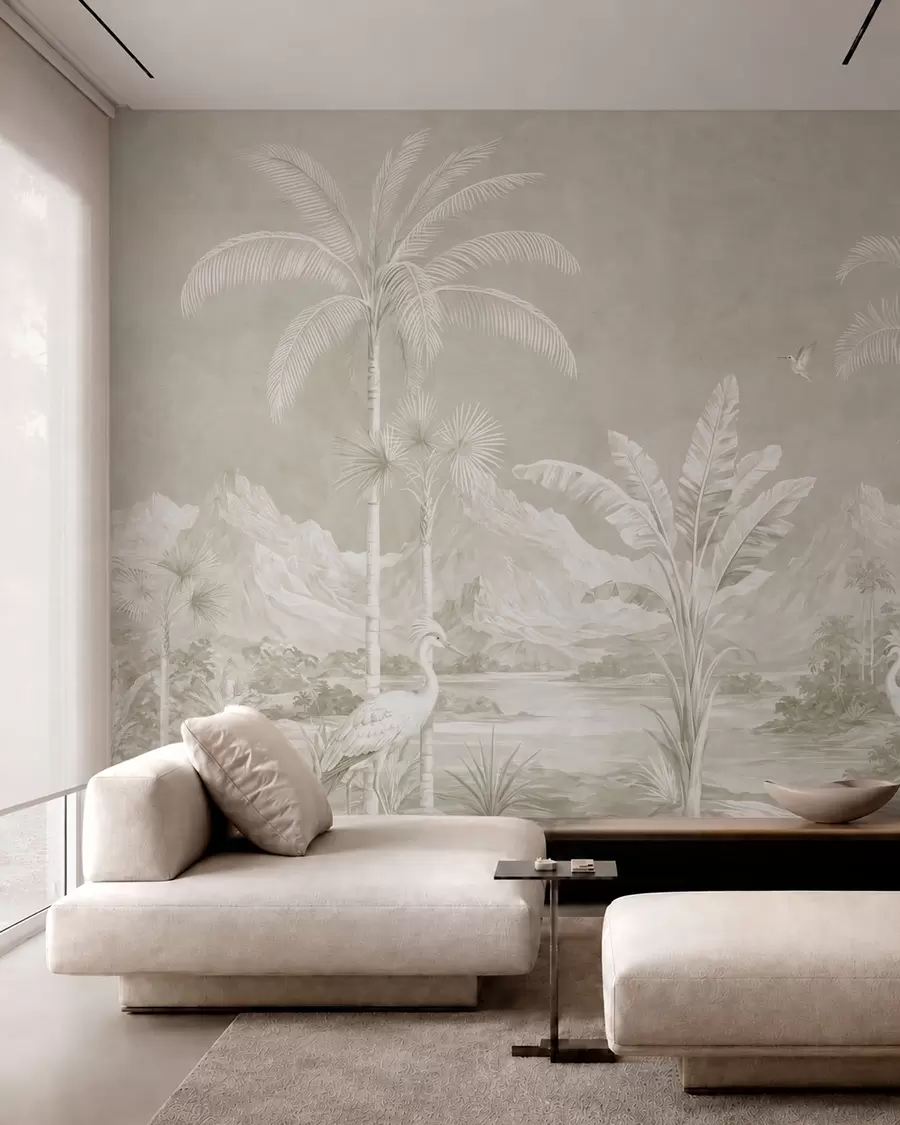 peintures murales Paysage tropical lumineux avec des palmiers, des oiseaux et des montagnes w05819v1