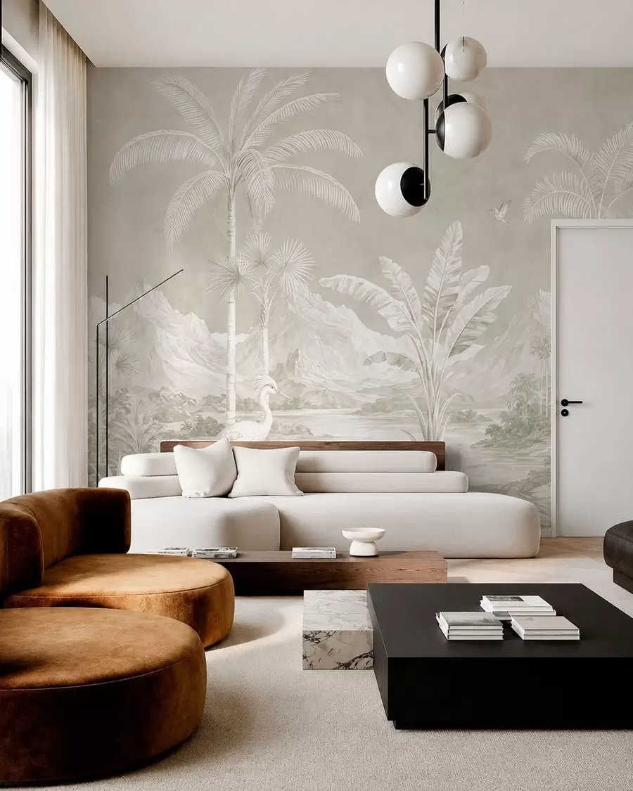 murales Paisaje tropical luminoso con palmeras, pájaros y montañas w05819v1