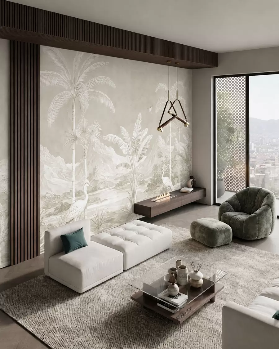 wall murals Light tropical landscape with palms, birds and mountains w05819v1