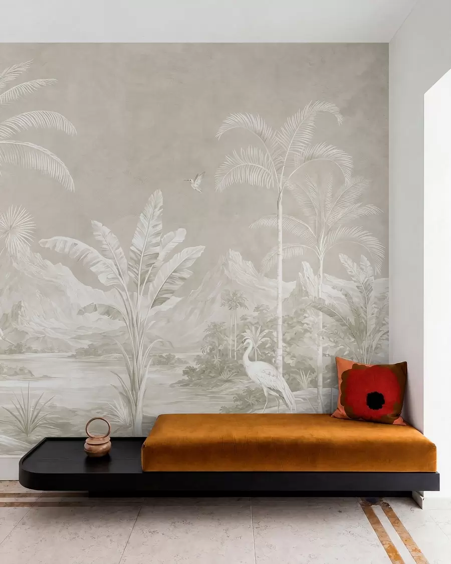 wall murals Light tropical landscape with palms, birds and mountains w05819v1