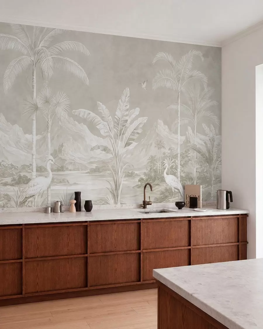 murales Paisaje tropical luminoso con palmeras, pájaros y montañas w05819v1