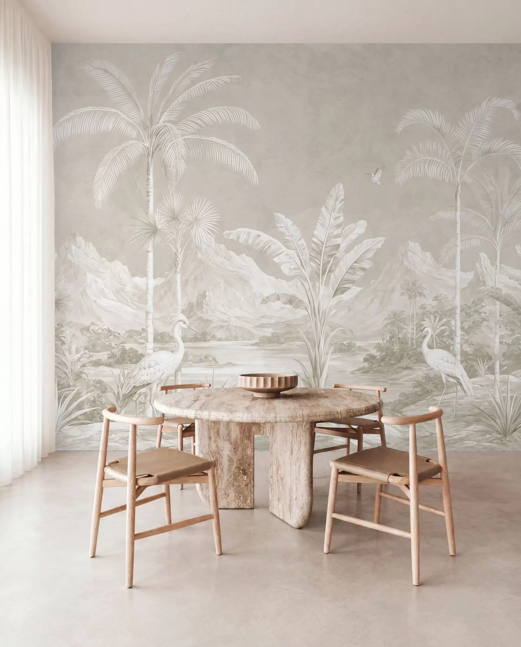 murales Paisaje tropical luminoso con palmeras, pájaros y montañas w05819v1