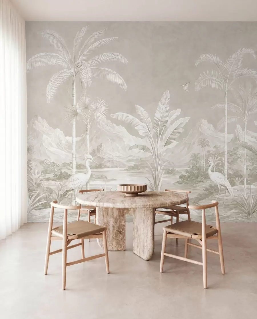 Wall Mural Photo Wallpaper Light tropical landscape with palms, birds and mountains w05819v1