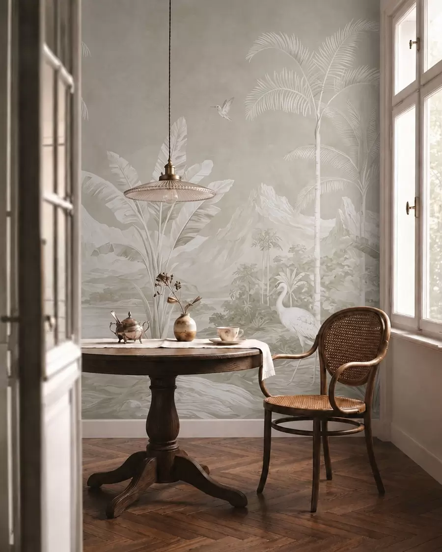 wall murals Light tropical landscape with palms, birds and mountains w05819v1