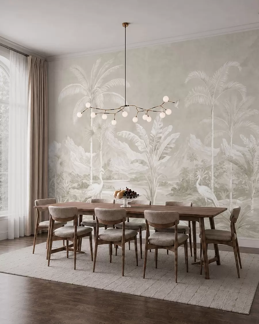 Wall Mural Photo Wallpaper Light tropical landscape with palms, birds and mountains w05819v1