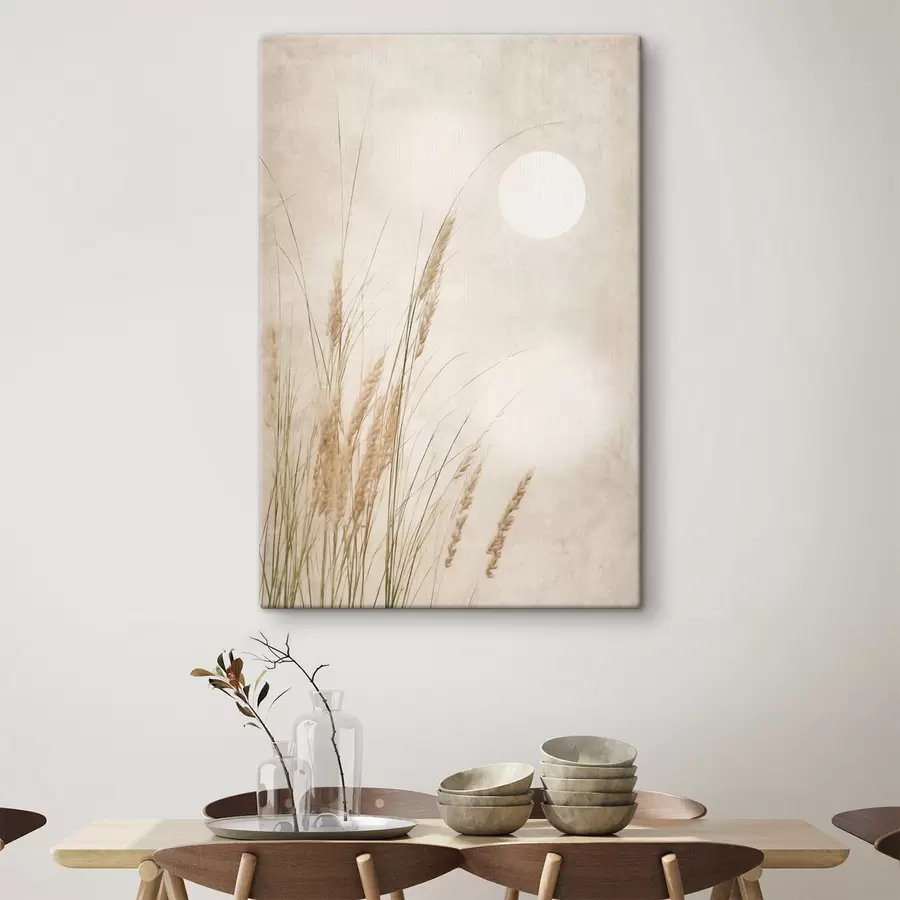 wall murals Tall, dry grass stalks, blurred textured background, full moon in the light-colored sky s50202