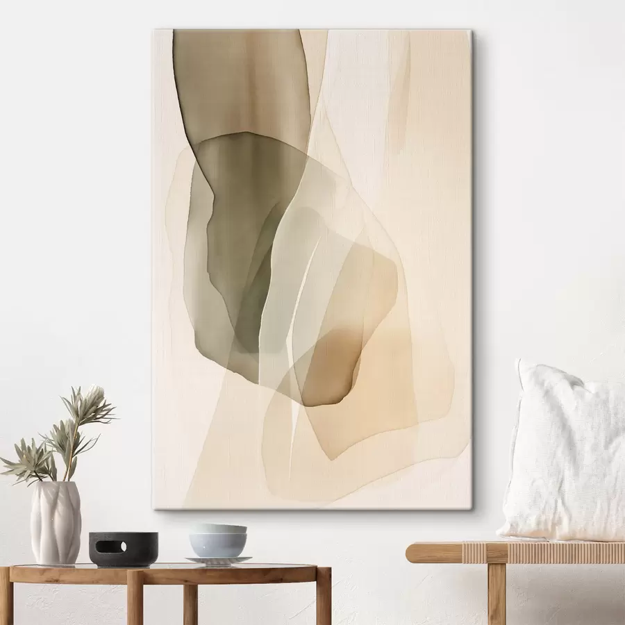 wall murals Abstract flowing translucent shapes in muted beige, cream and olive green tones s50205