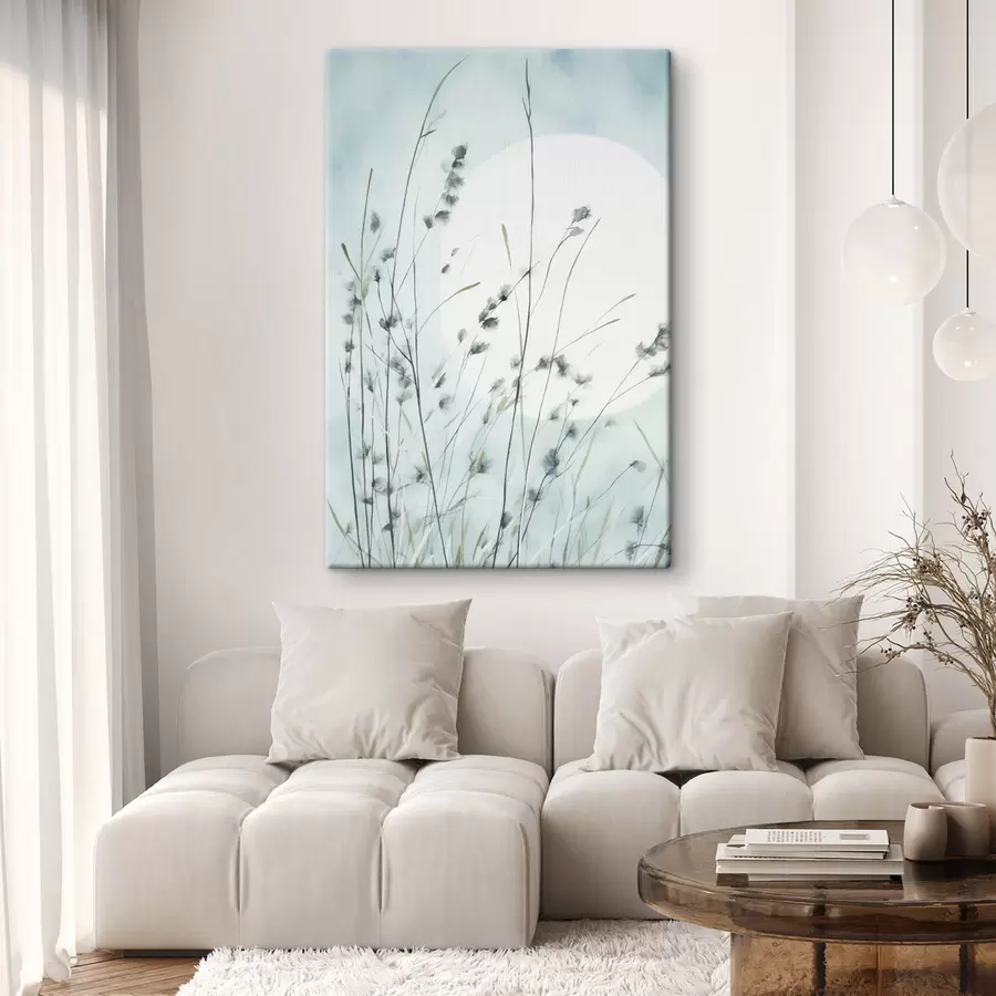 wall murals Tall, thin grass stalks with feathery tops sway gently against a soft blue background s50208
