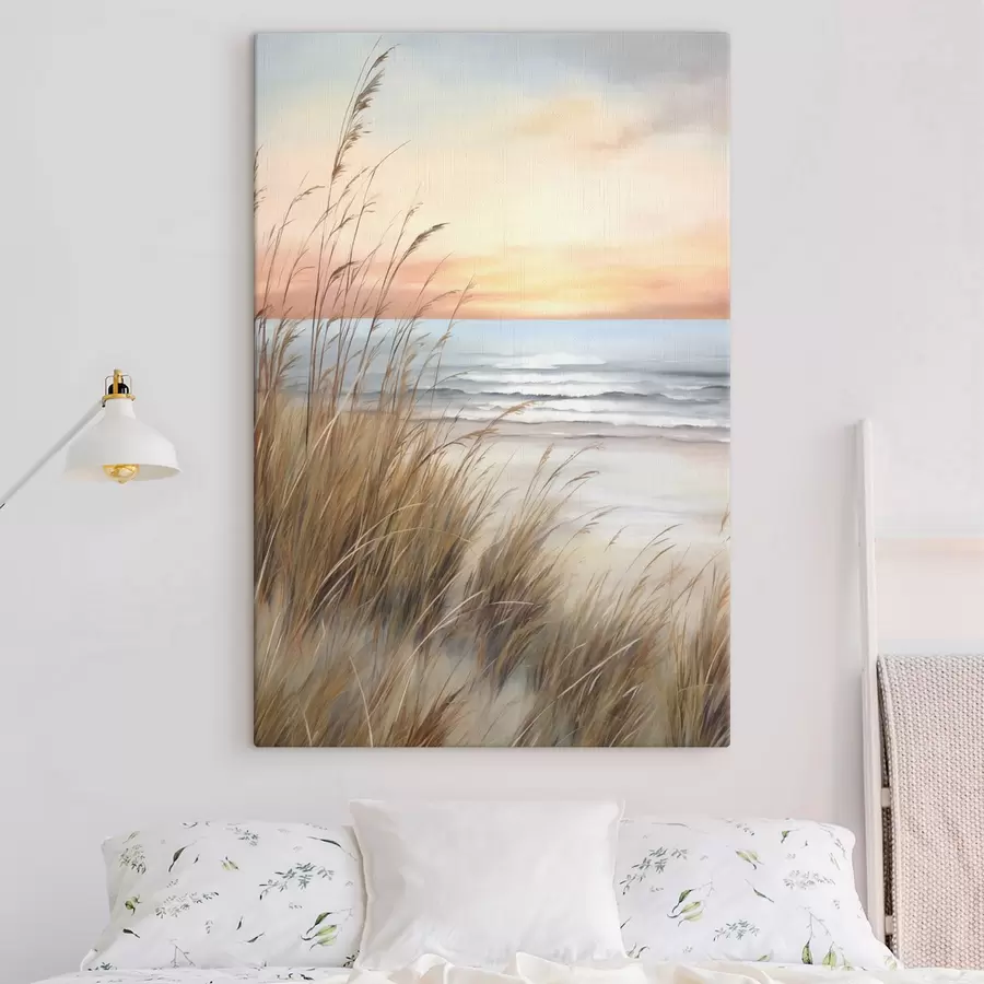 wall murals Tall, dry grass in the foreground with a beach and ocean, soft sunset with pastel colors s50210