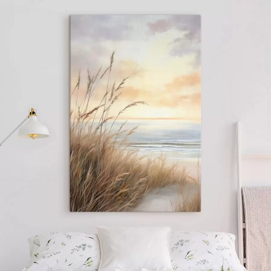 wall murals Tall, dry grass in the foreground with a beach and ocean, soft sunset with pastel colors s50211