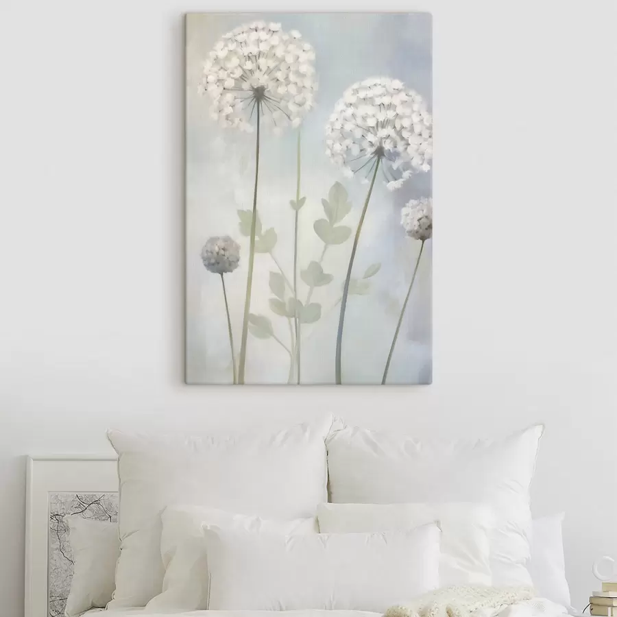wall murals White dandelions with green leaves against a soft blue and white background s50212