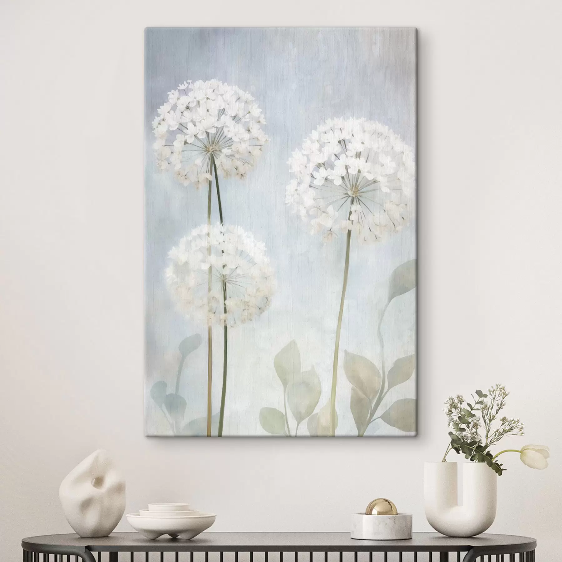 wall murals White dandelions with green leaves against a soft blue and white background s50213
