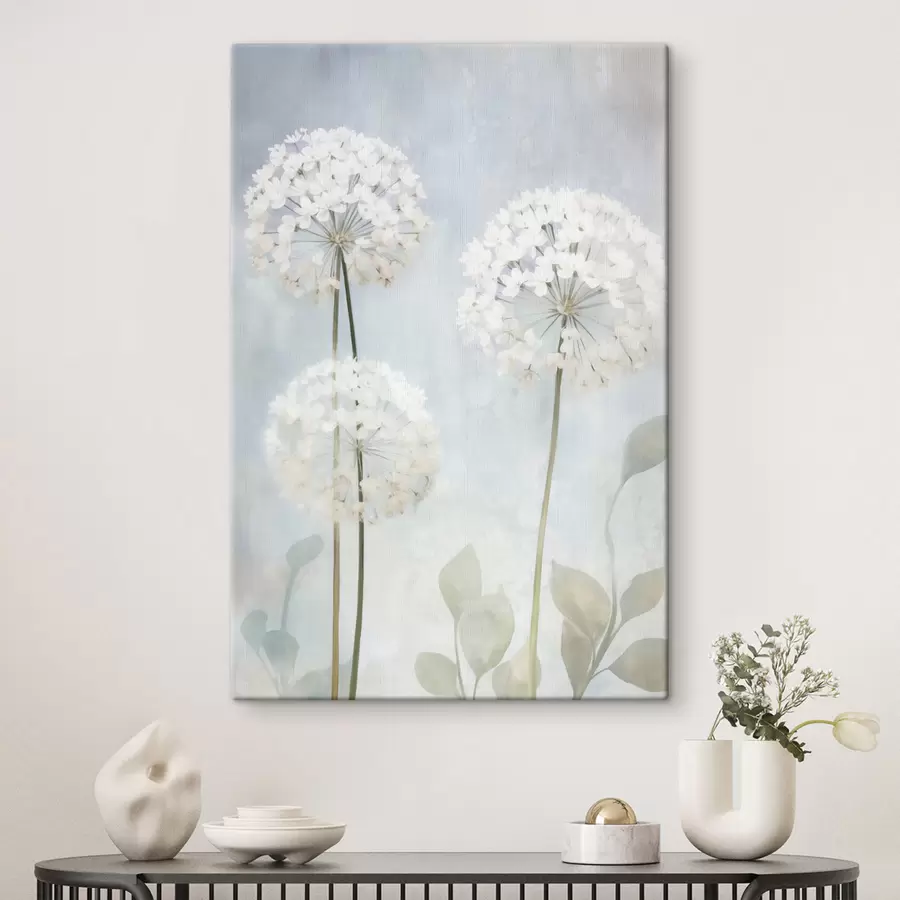 wall murals White dandelions with green leaves against a soft blue and white background s50213