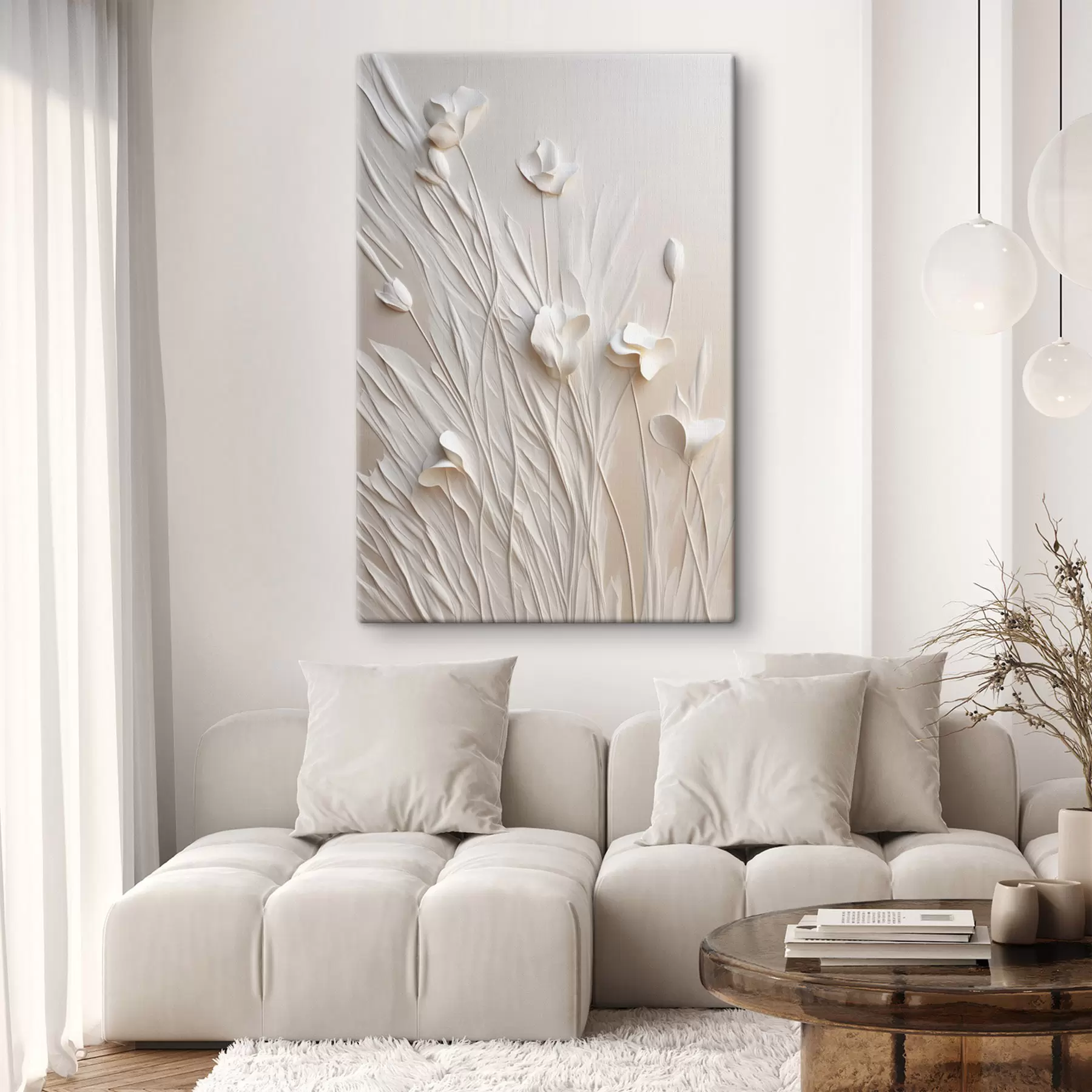 murales Flores blancas y hierba sobre un fondo melocotón claro, arte minimalista s50226