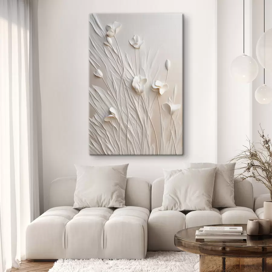 murales Flores blancas y hierba sobre un fondo melocotón claro, arte minimalista s50226