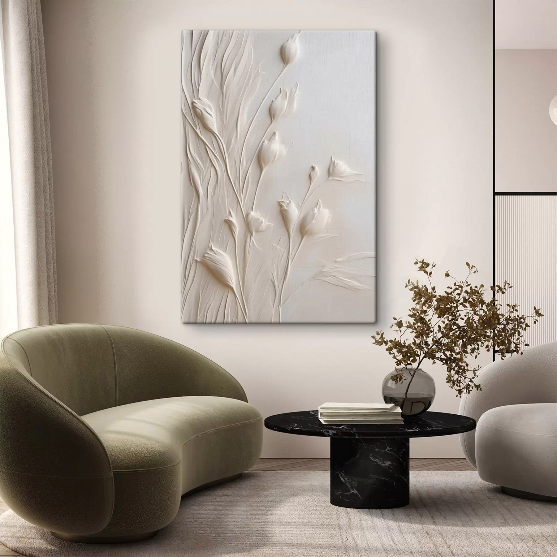 wall murals White flowers and grass on a light peach background, minimalistic art s50227