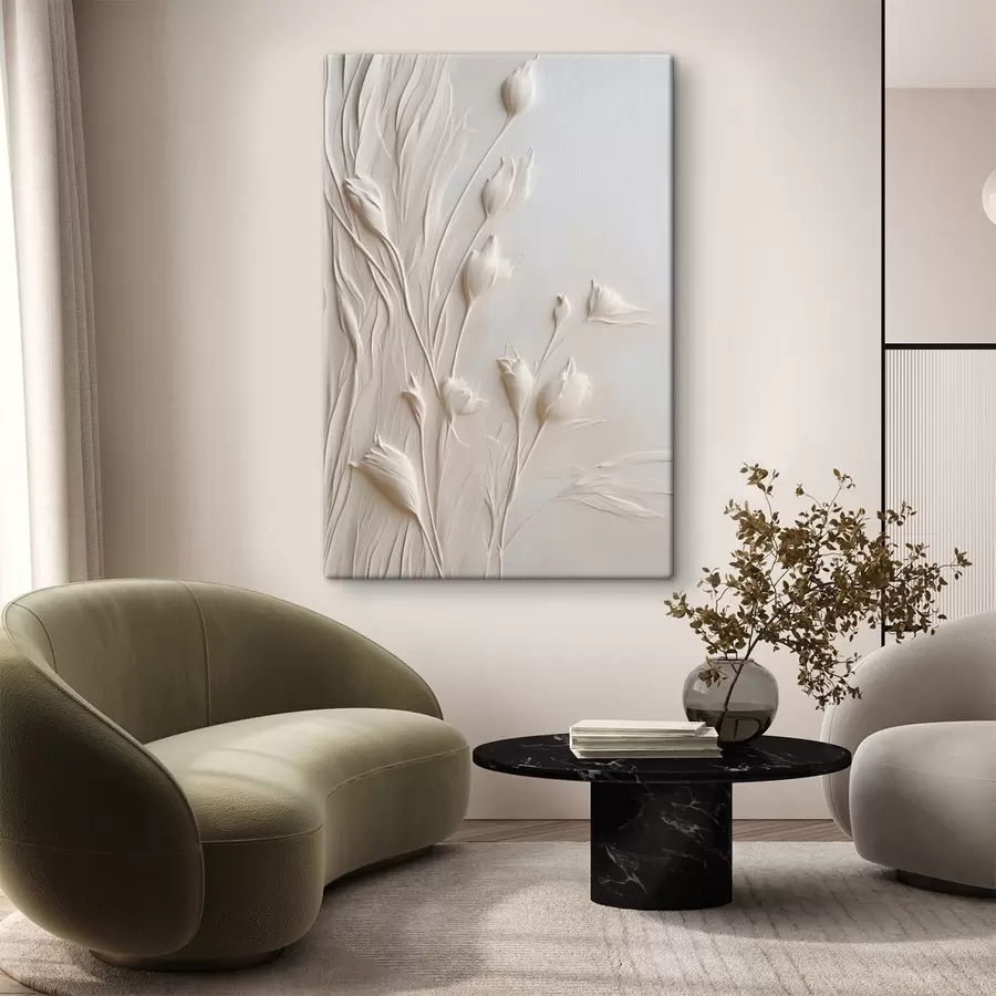 murales Flores blancas y hierba sobre un fondo melocotón claro, arte minimalista s50227