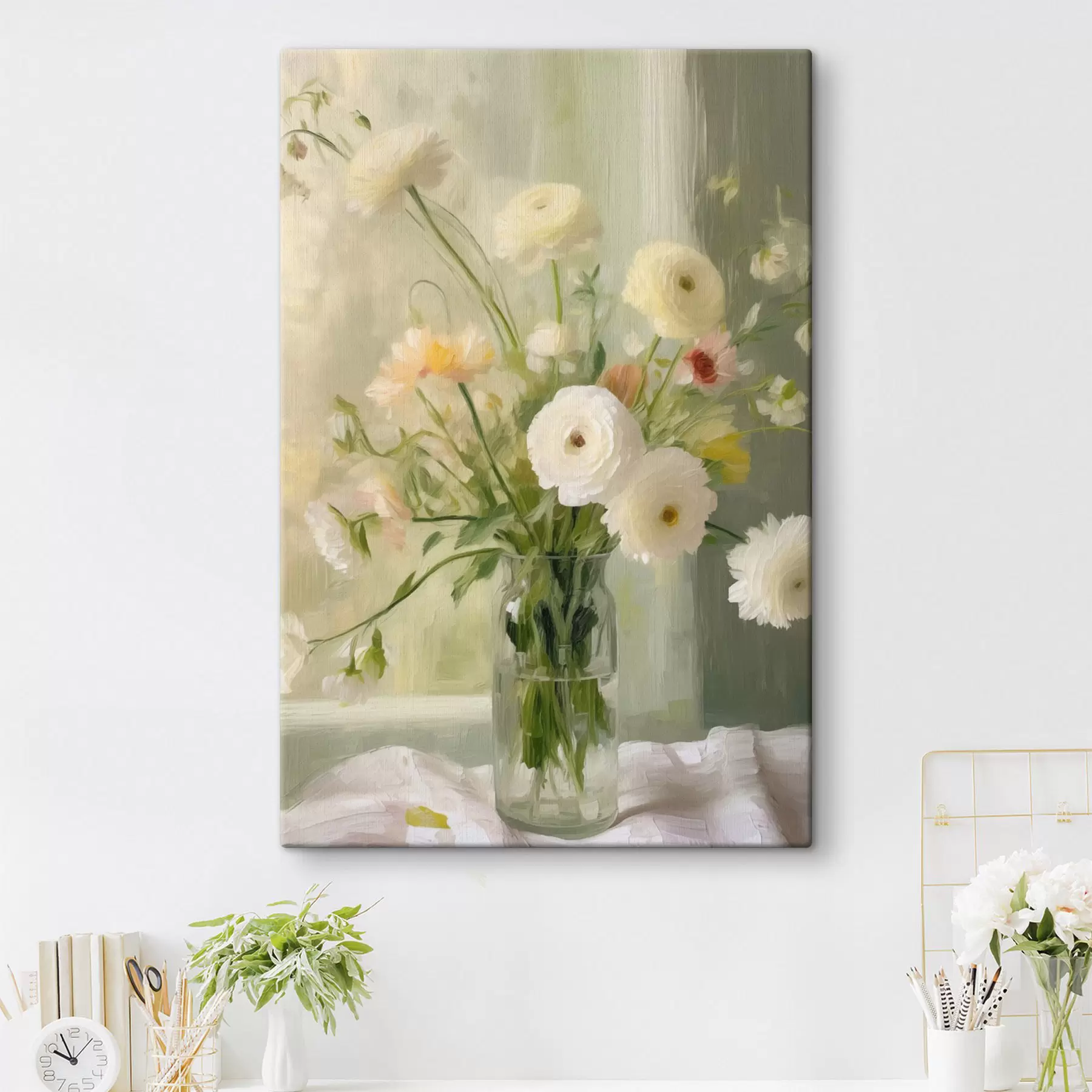 wall murals A bouquet of white and pink flowers in a glass vase, with a window in the background s50228