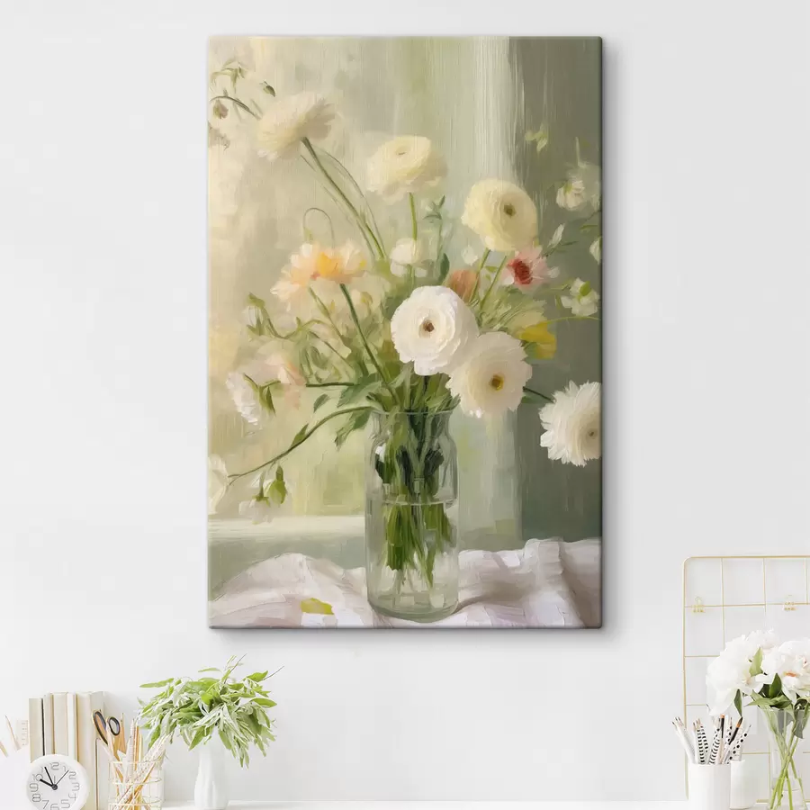 murales Un ramo de flores blancas y rosas en un jarrón de cristal, con una ventana al fondo s50228