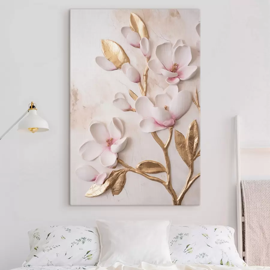 murales Flores de magnolia de un delicado tono rosa, con textura y detalles en amarillo s50230