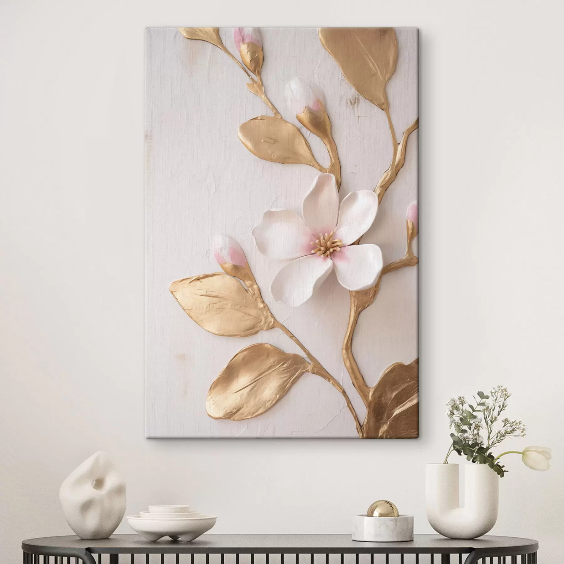 murales Flores de magnolia de un delicado tono rosa, con textura y detalles en amarillo s50231