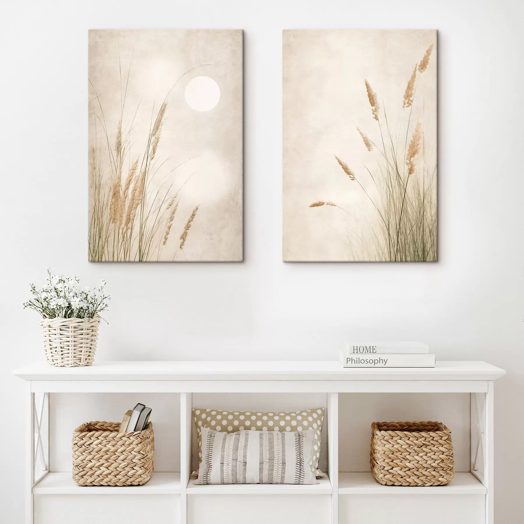 wall murals Tall, dry grass stalks, blurred textured background, full moon in the light-colored sky m30834