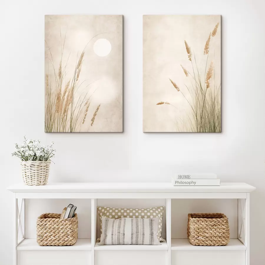 wall murals Tall, dry grass stalks, blurred textured background, full moon in the light-colored sky m30834