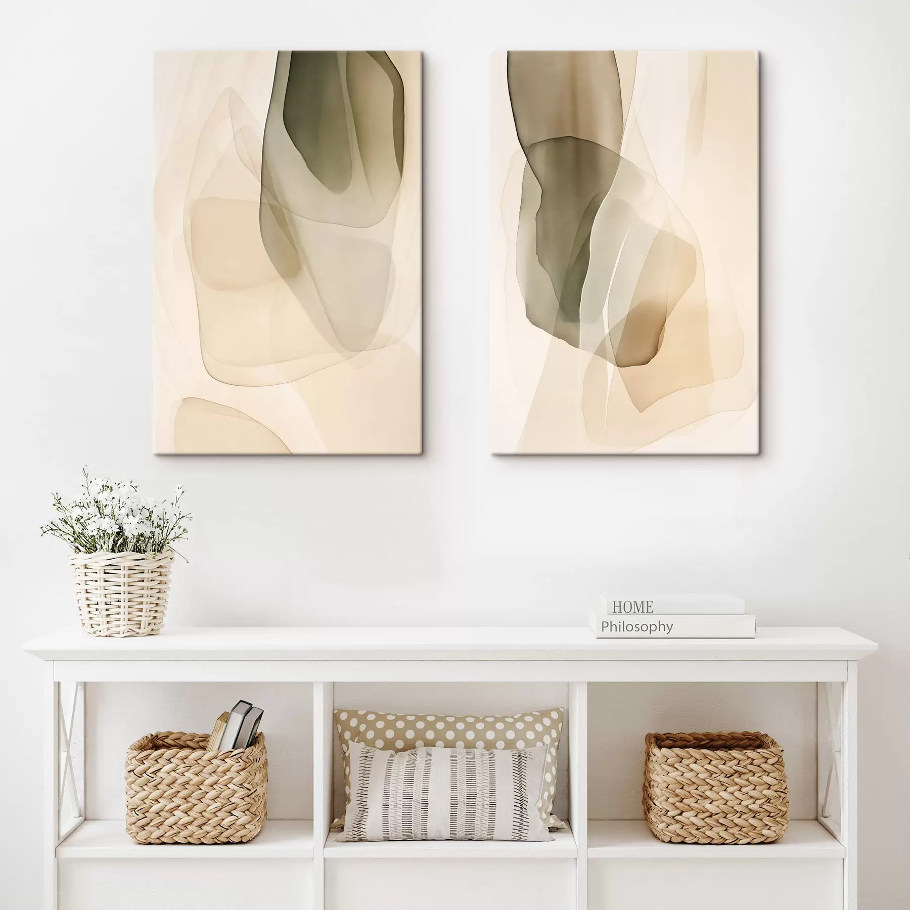 wall murals Abstract flowing translucent shapes in muted beige, cream and olive green tones m30835