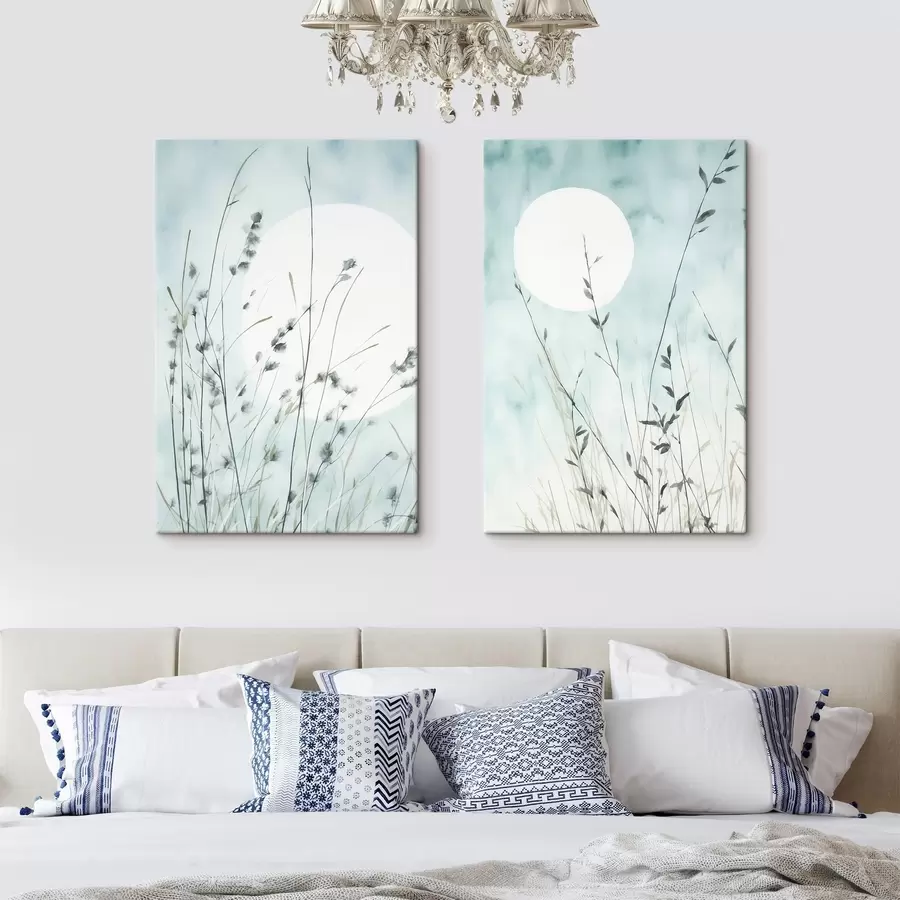 wall murals Tall, thin grass stalks with feathery tops sway gently against a soft blue background m30837