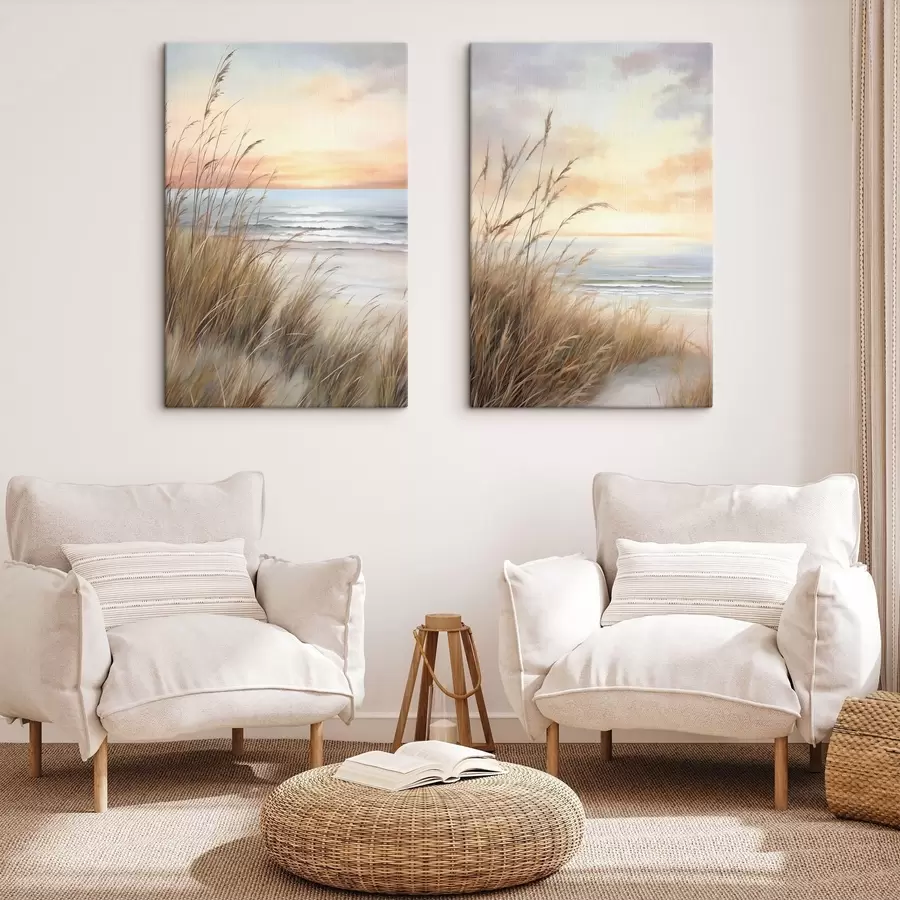 wall murals Tall, dry grass in the foreground with a beach and ocean, soft sunset with pastel colors m30838