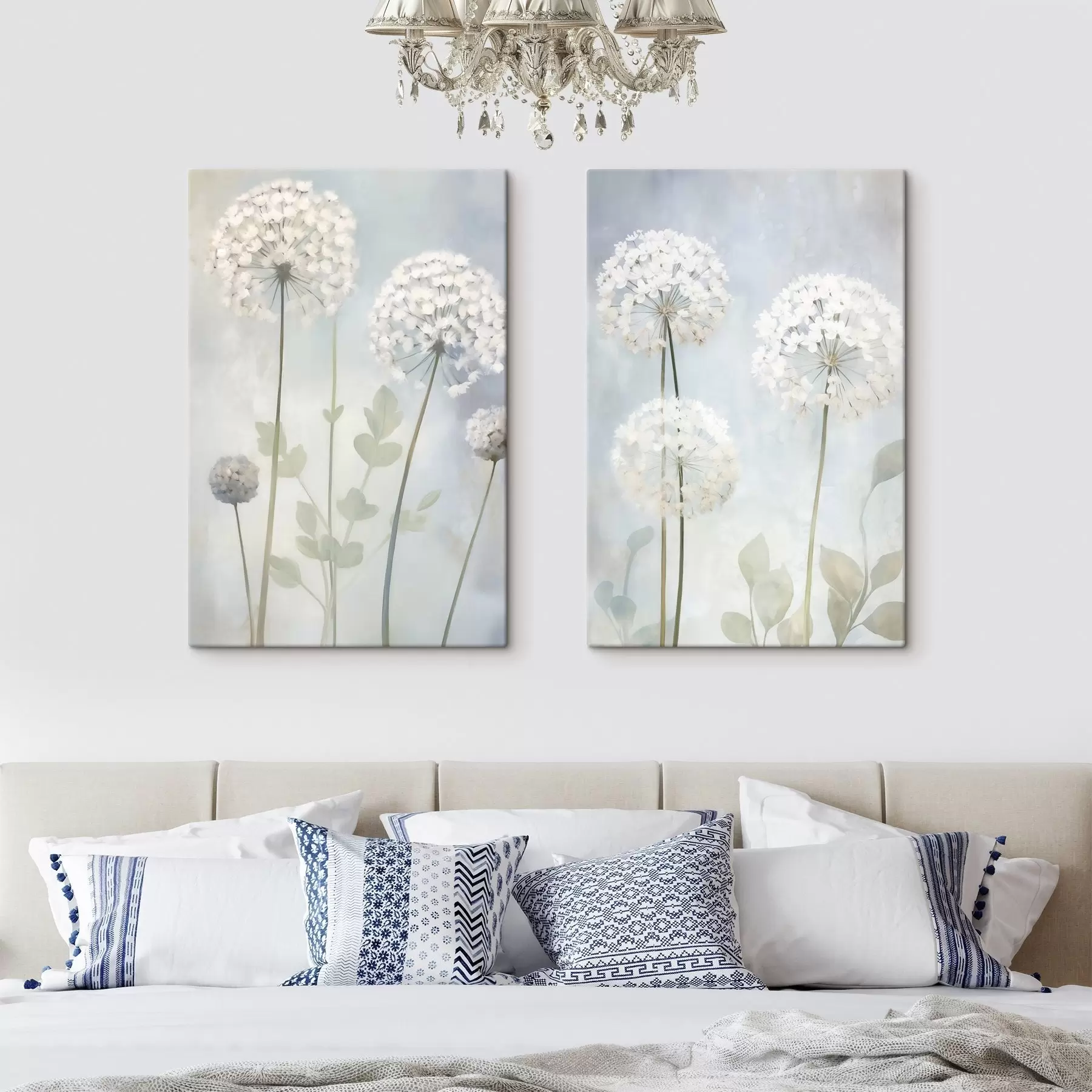 wall murals White dandelions with green leaves against a soft blue and white background m30839