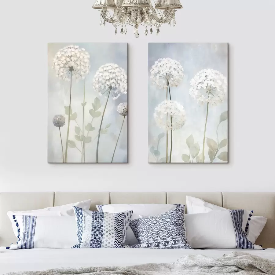 wall murals White dandelions with green leaves against a soft blue and white background m30839