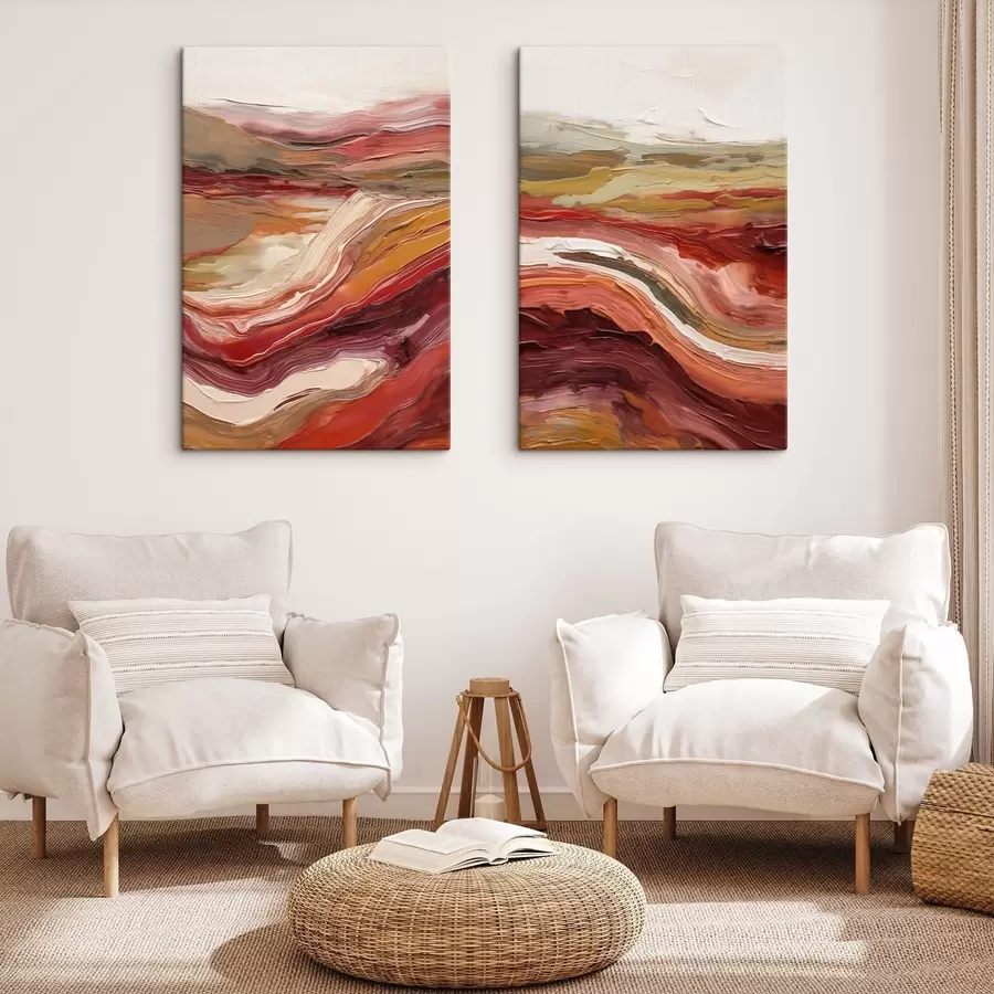 wall murals Abstract landscape with textured layers of red, orange and beige m30841