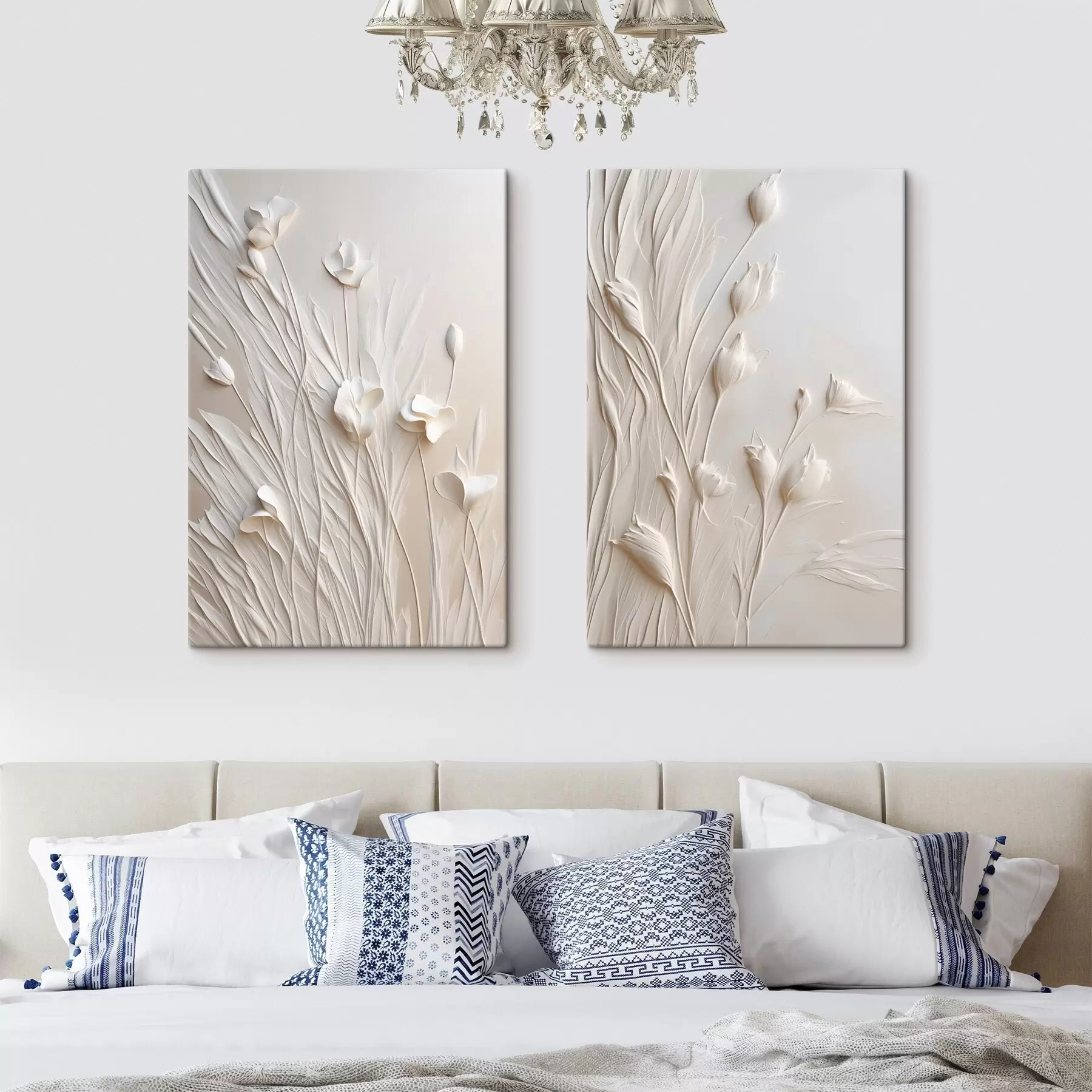 wall murals White flowers and grass on a light peach background, minimalistic art m30846