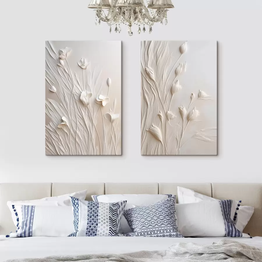 wall murals White flowers and grass on a light peach background, minimalistic art m30846