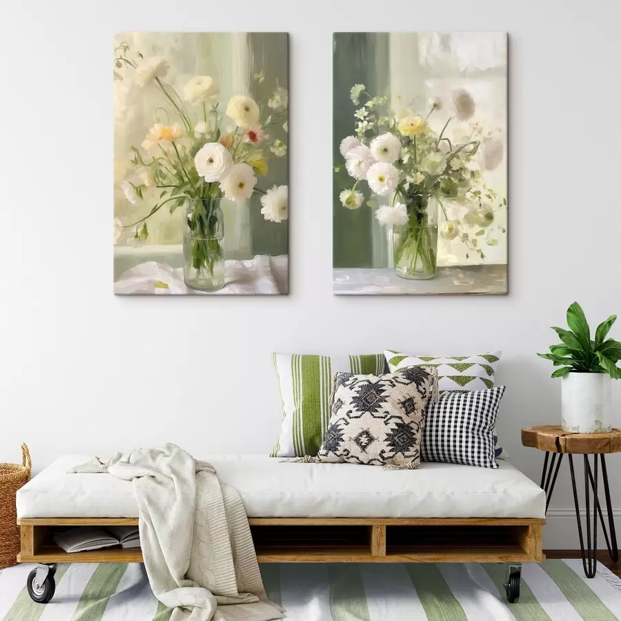 wall murals A bouquet of white and pink flowers in a glass vase, with a window in the background m30847