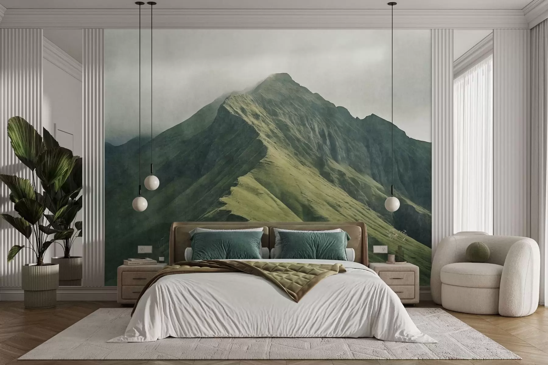 Wall Mural Photo Wallpaper Mountain malachite with green slopes and a peak wrapped in soft mist w05820