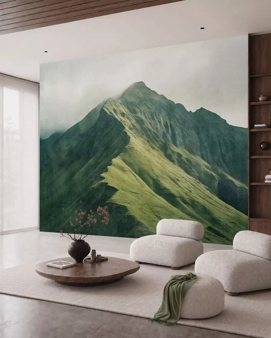wall murals Mountain malachite with green slopes and a peak wrapped in soft mist w05820