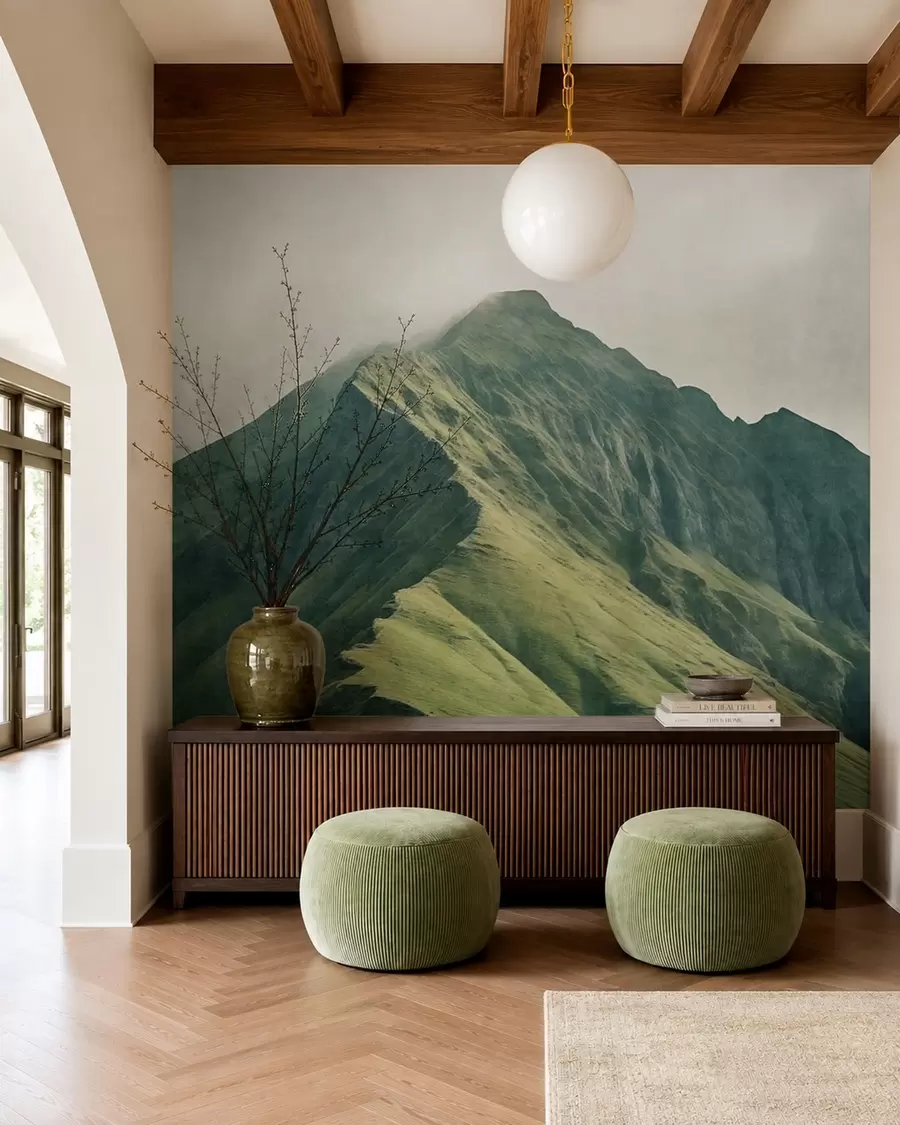 wall murals Mountain malachite with green slopes and a peak wrapped in soft mist w05820