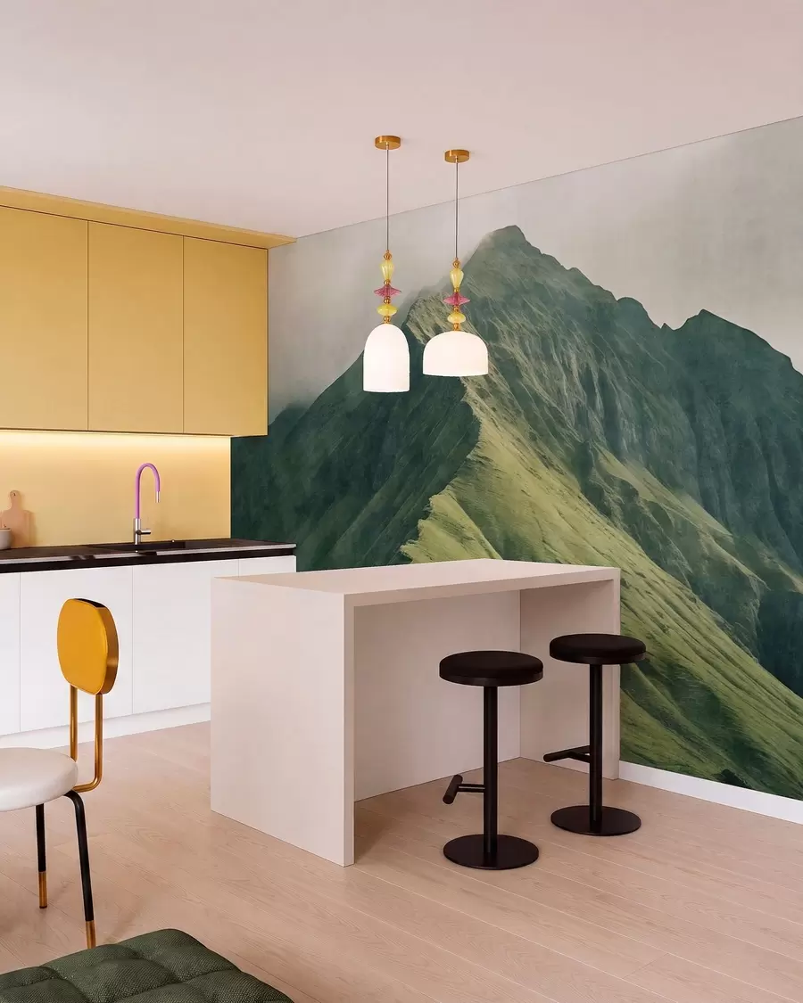 wall murals Mountain malachite with green slopes and a peak wrapped in soft mist w05820
