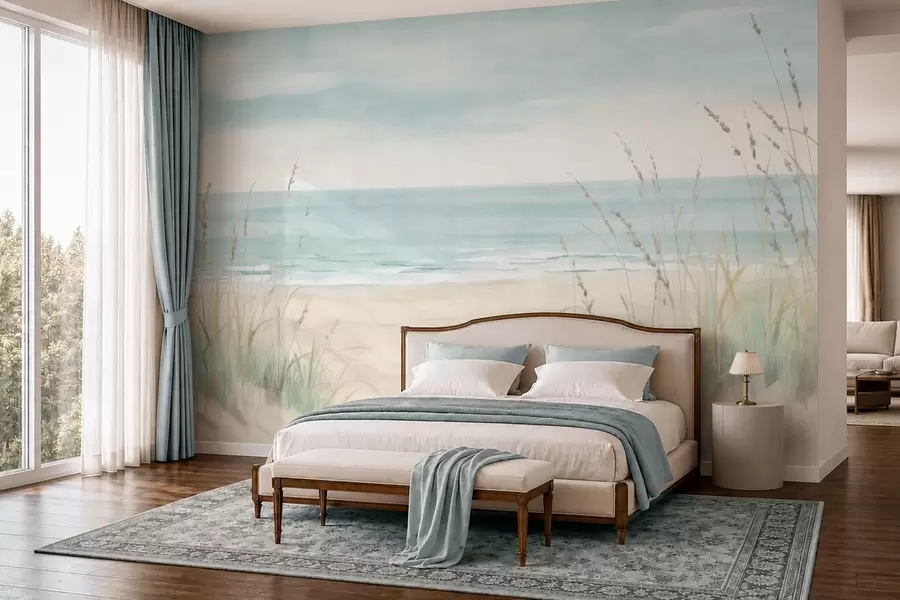 wall murals Shell sand with a gentle seashore and grasses in soft pastel tones w05821