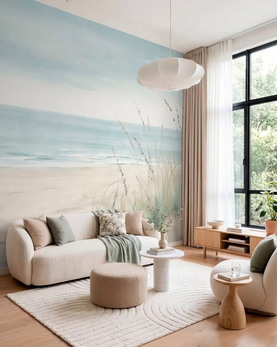 peintures murales Du sable parsemé de coquillages, une plage au relief doux et des herbes aux teintes pastel délicates w05821