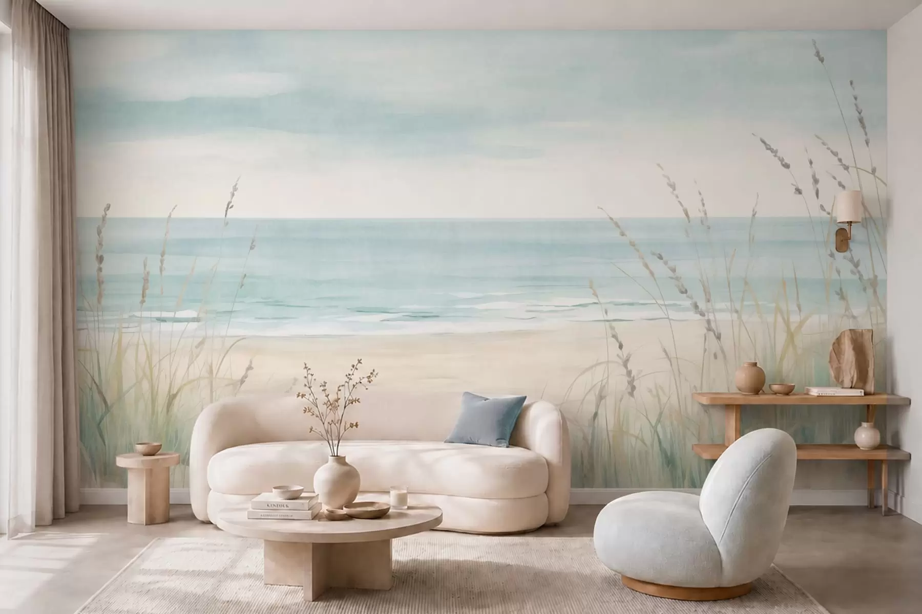 Wall Mural Photo Wallpaper Shell sand with a gentle seashore and grasses in soft pastel tones w05821