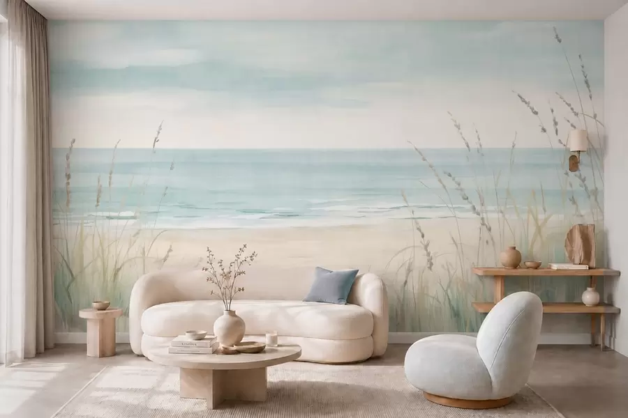 peintures murales Du sable parsemé de coquillages, une plage au relief doux et des herbes aux teintes pastel délicates w05821