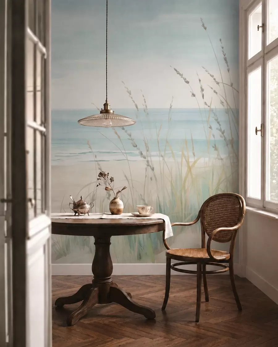 murales Arena con conchas, una suave orilla y hierba en suaves tonos pastel w05821