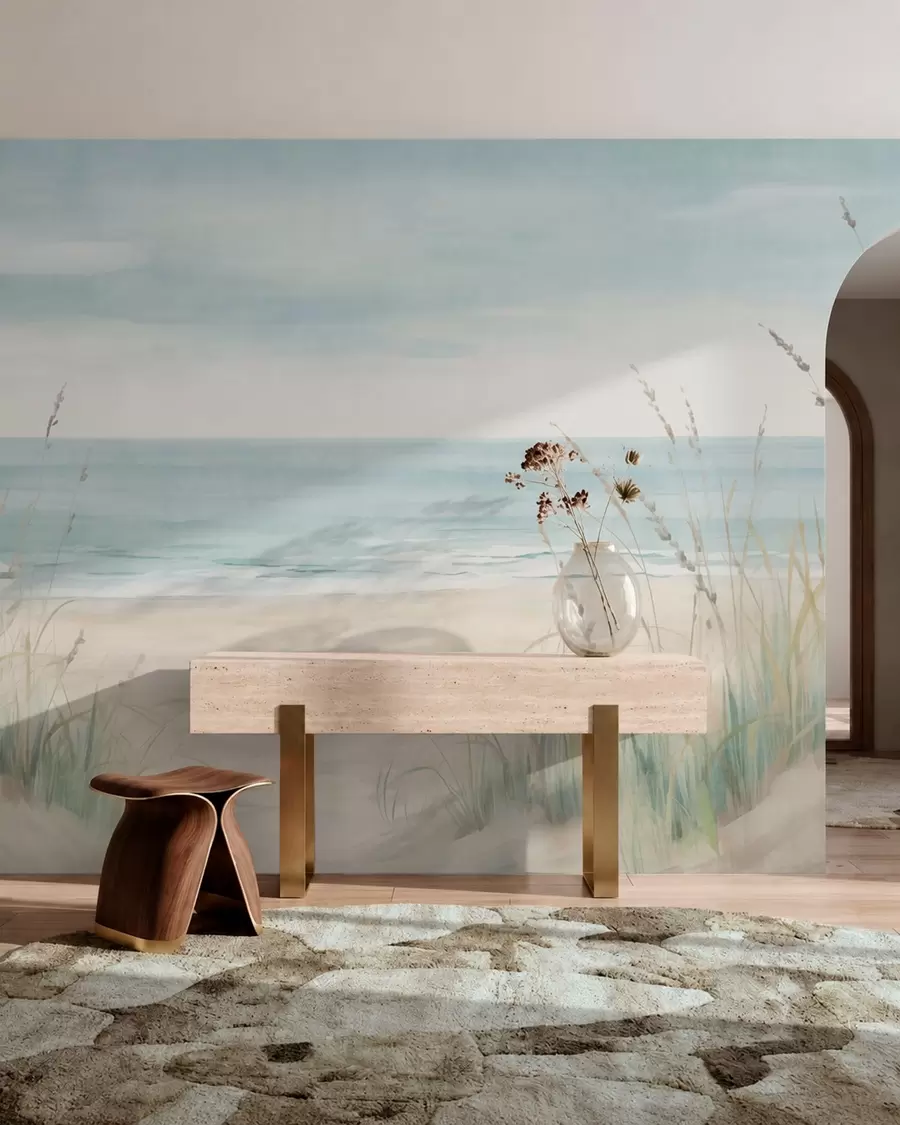 wall murals Shell sand with a gentle seashore and grasses in soft pastel tones w05821